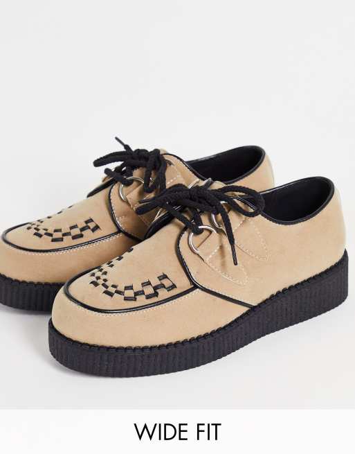 Truffle Collection Wide Fit Lace up creeper shoes in beige micro suede |  ASOS