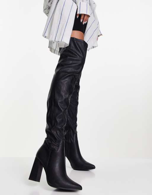 Truffle Collection Wide Fit leather look thigh high heeled boots