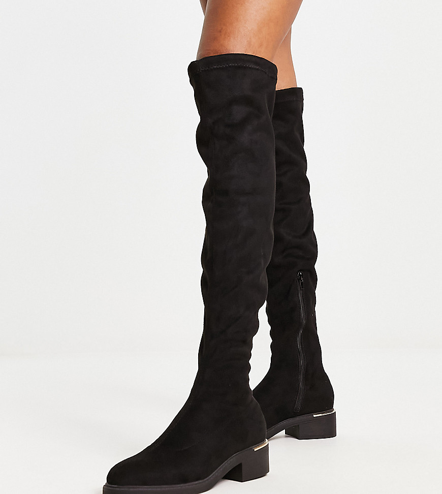 Truffle Collection Wide Fit mid heel stretch over the knee boots in black