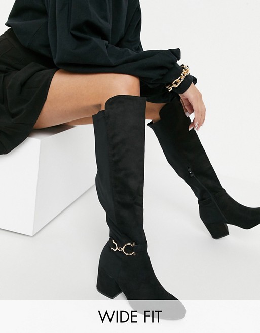 Truffle Collection wide fit over the knee heeled boots in black with metal trim detail