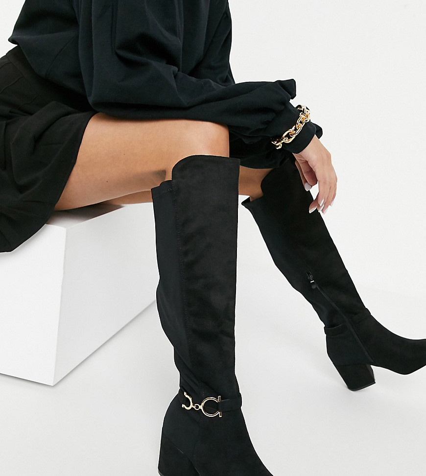 Truffle Collection wide fit over-the-knee heeled boots in black with metal trim detail