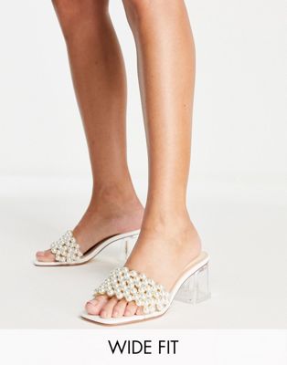 Truffle Collection Wide Fit pearl embellished bridal mules in white