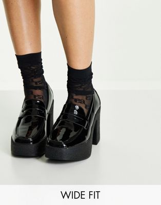 Truffle Collection Wide Fit platform loafers in black patent | ASOS