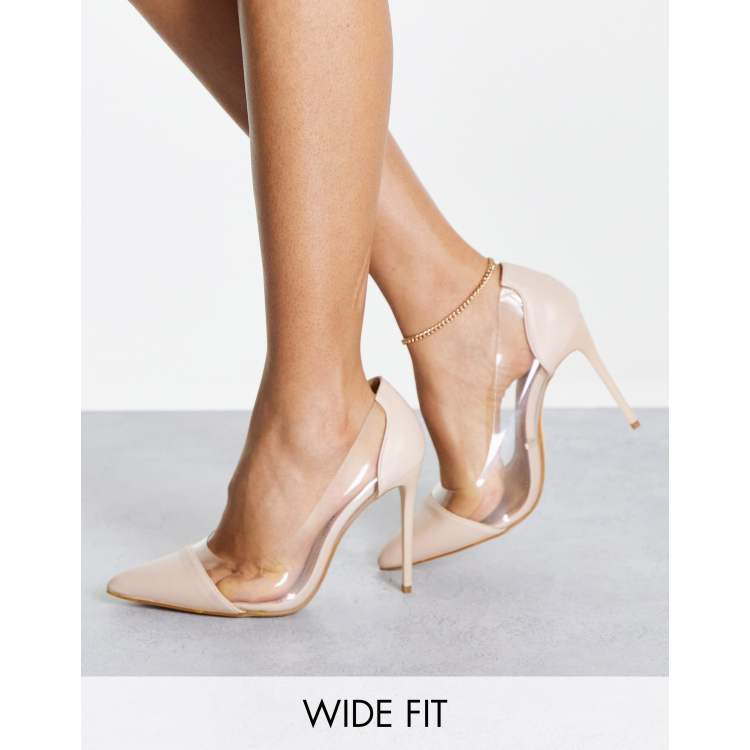 Truffle Collection Wide Fit pointed clear heeled shoes in beige ASOS