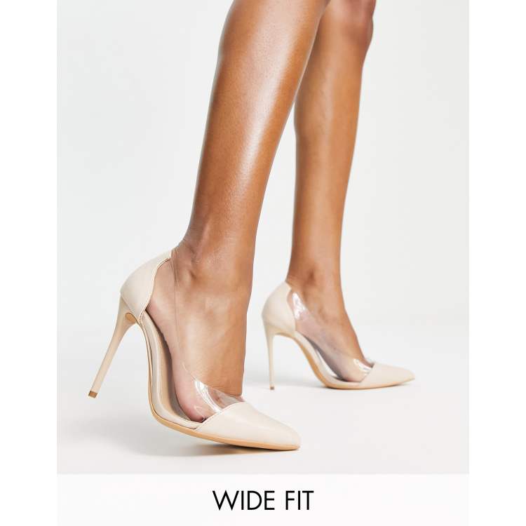 Truffle Collection Wide Fit pointed clear heeled shoes in beige ASOS