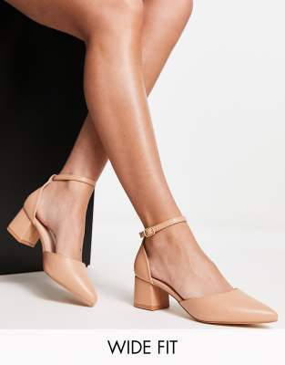 Truffle Collection Wide Fit pointed mid block heel shoes in beige-Neutral