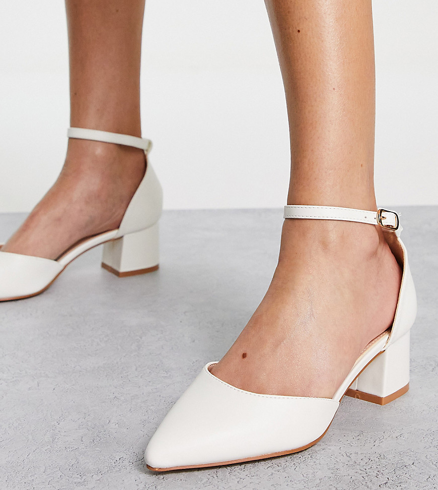 Truffle Collection Wide Fit pointed mid block heel shoes in white