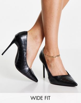 Truffle Collection wide fit pointed stiletto heels in black croc