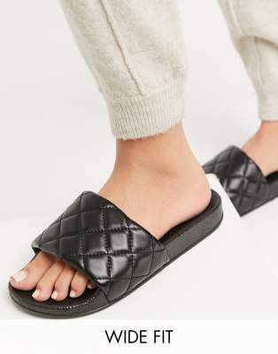 Truffle Collection wide fit quilted pool slides in black