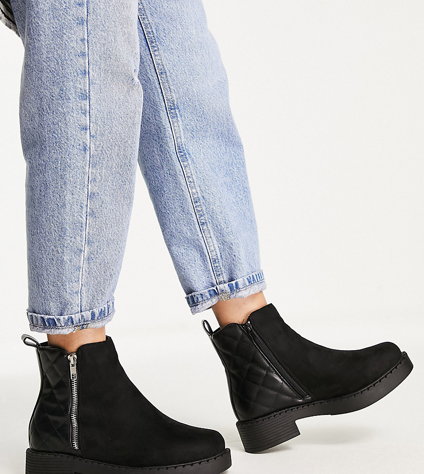 Truffle Collection Wide Fit Side Zip Ankle Boots With Quilting In Black