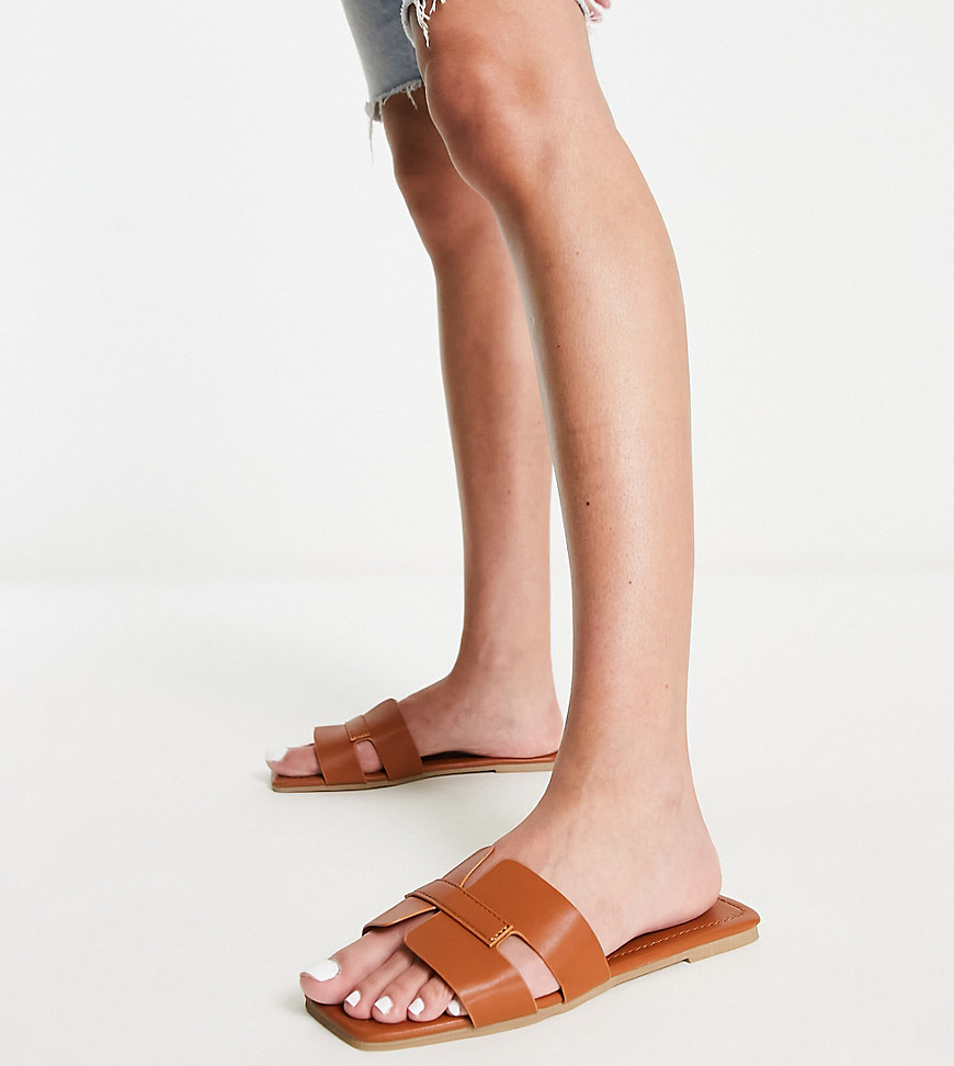 Truffle Collection Wide Fit Slip On Mule Sliders In Tan-brown