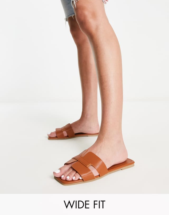 Truffle Collection Wide Fit slip on mule sliders in tan