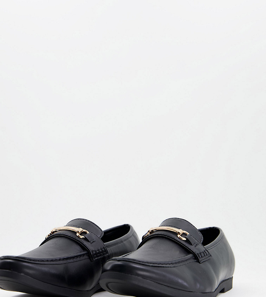 Truffle Collection wide fit snaffle trim loafers in black faux leather