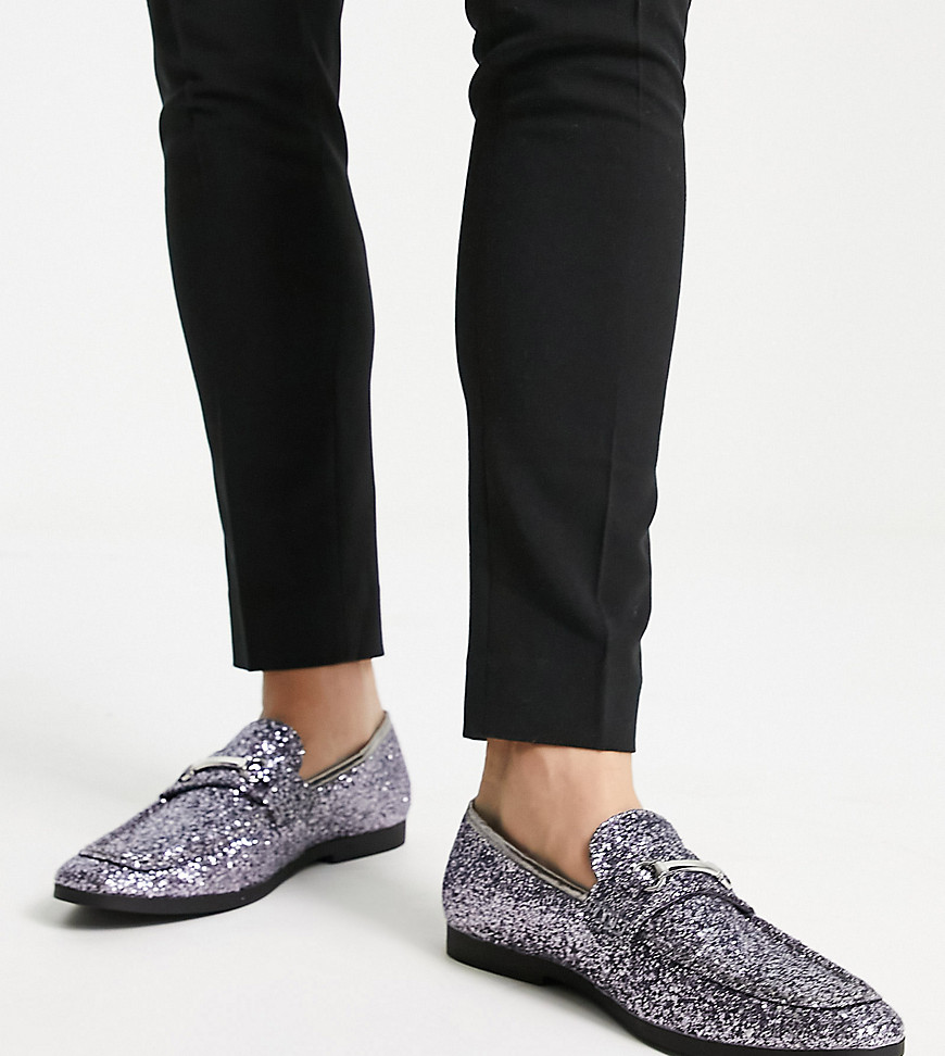 Truffle Collection wide fit snaffle trim loafers in chunky glitter-Gray