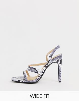 Truffle Collection Wide Fit snake print strappy stiletto square toe heeled sandals-Multi