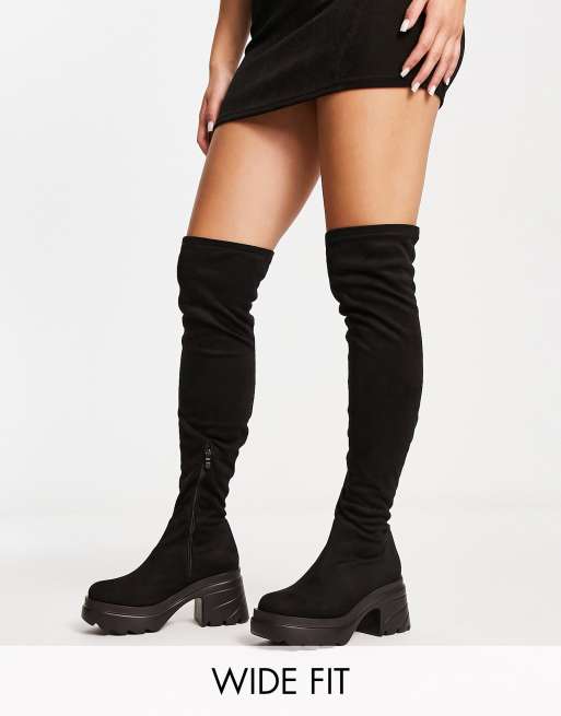 Truffle Collection Wide Fit - Sorte overknee-støvler med hæl