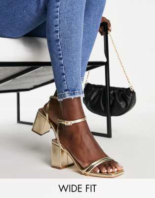 Truffle Collection Wide Fit square toe block heel barely there sandals in gold