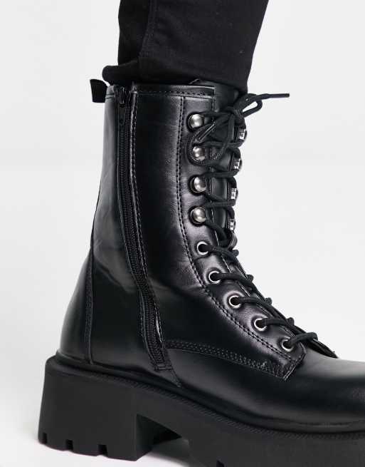 Truffle Collection super chunky lace up boots in black faux leather