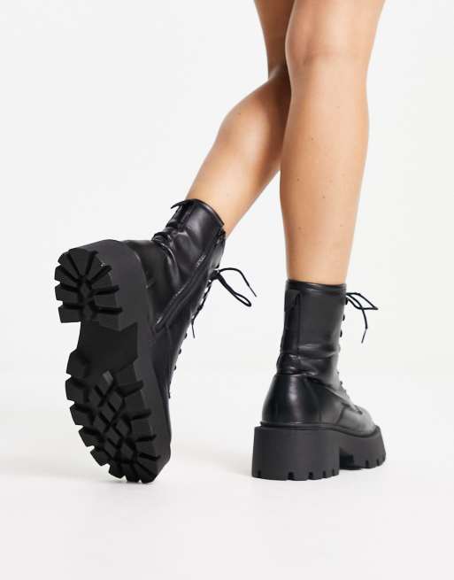 Truffle Collection Wide Fit square toe chunky lace up boots in black