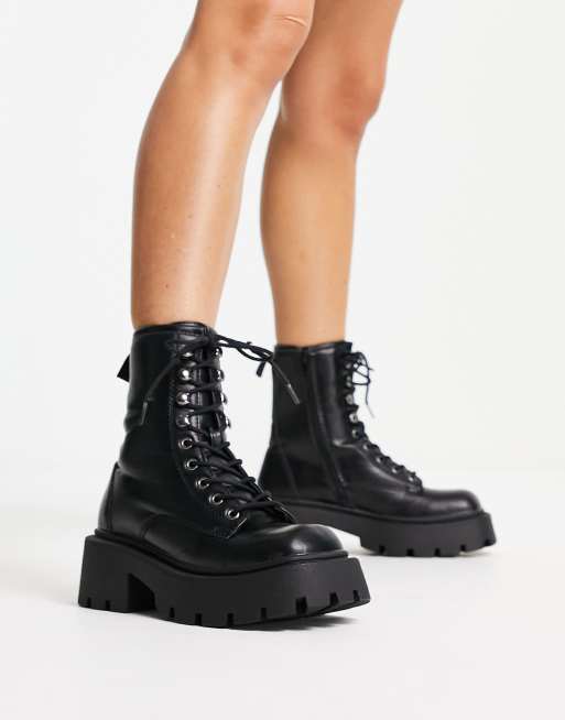 Truffle Collection Wide Fit square toe chunky lace up boots in black