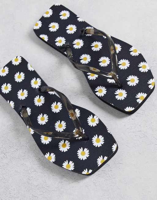 Truffle Collection Wide Fit square toe flip flops 2 pack in white & print