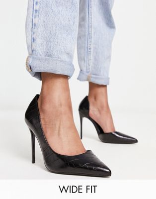 Truffle Collection Wide Fit Stiletto Heeled Shoes In Black Croc