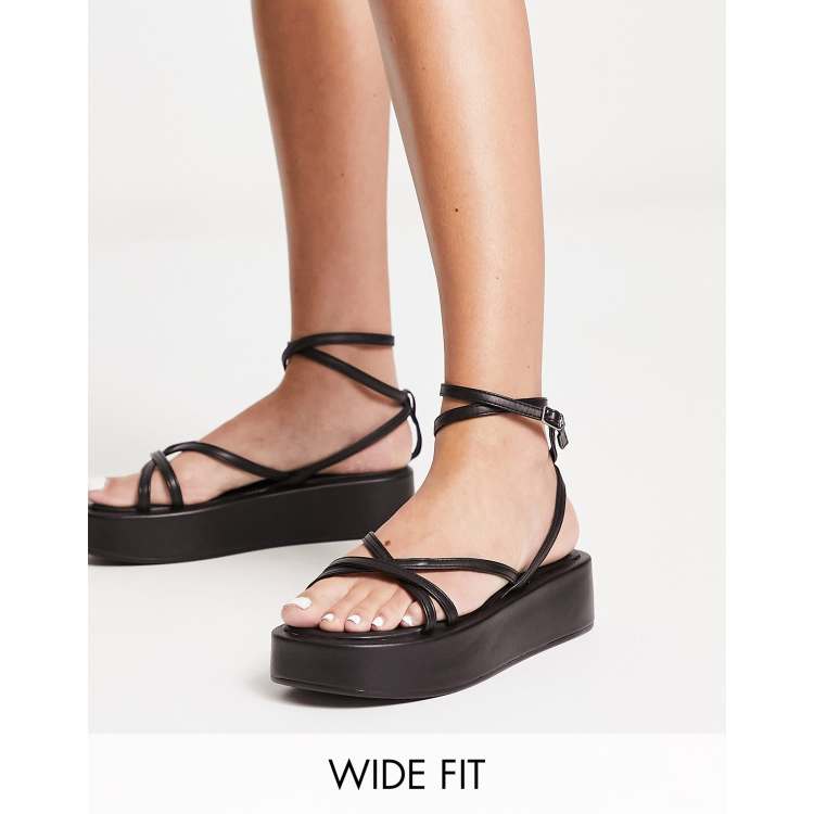 Truffle Collection Wide Fit strappy ankle strap flatform sandals in black