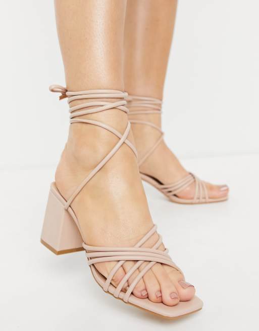 Truffle Collection wide fit strappy mid heeled sandal with square toe in beige