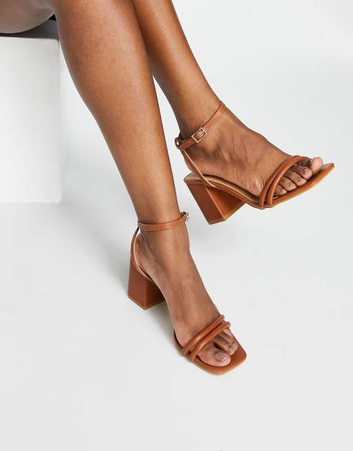 Truffle Collection wide fit strappy mid heeled sandal with square toe in tan