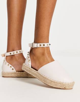 Truffle Collection Wide Fit Studded Ankle Strap Espadrilles In Beige-neutral