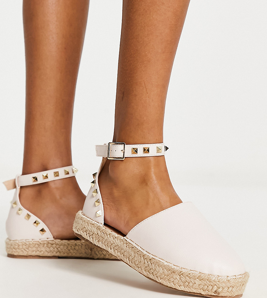 Truffle Collection Wide Fit Studded Ankle Strap Espadrilles In Beige-neutral