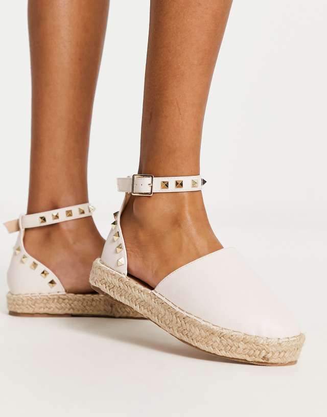 Truffle Collection Wide Fit studded ankle strap espadrilles in beige