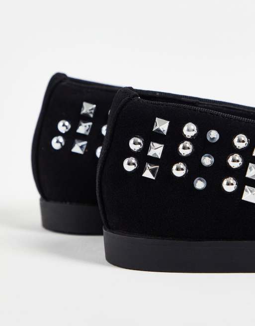 Truffle Collection Wide Fit studded slipper loafers in black faux leather, 2 of 4