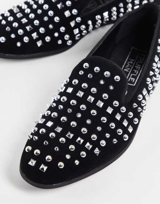 Truffle Collection Wide Fit studded slipper loafers in black faux leather, 4 of 4