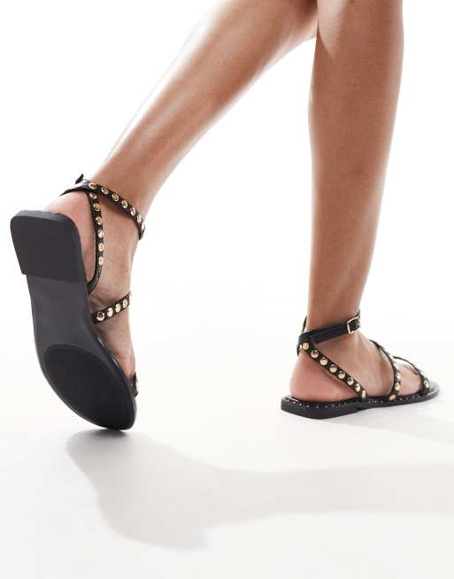 Truffle Collection wide fit studded strappy sandal in black