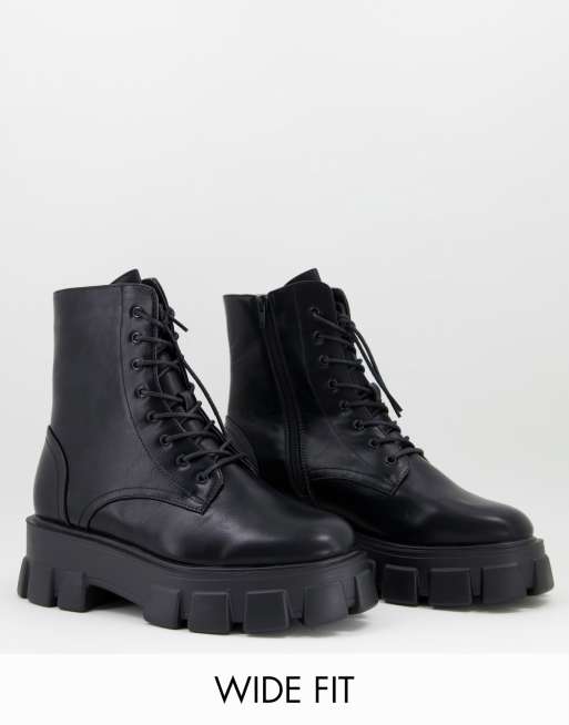 truffle collection wide fit chunky lace up boots in black