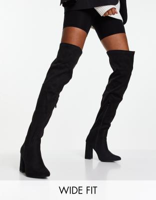 Truffle Collection Wide Fit thigh high heeled boots in black