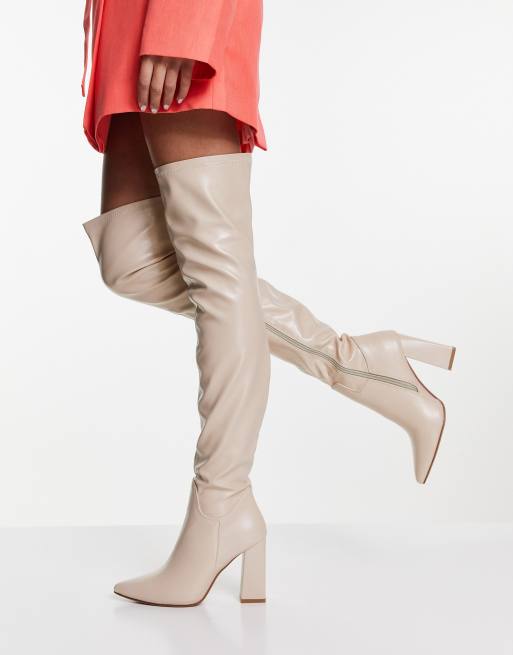 Truffle Collection wide fit thigh high heeled boots in cream