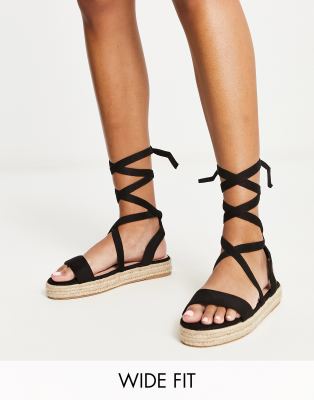 Truffle Collection Truffle Collection Wide Fit tie leg espadrille sandals in black