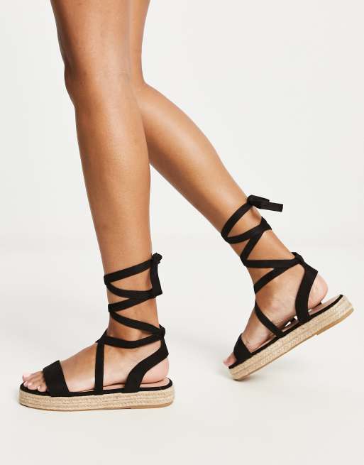 Truffle Collection Wide Fit tie leg espadrille sandals in black ASOS