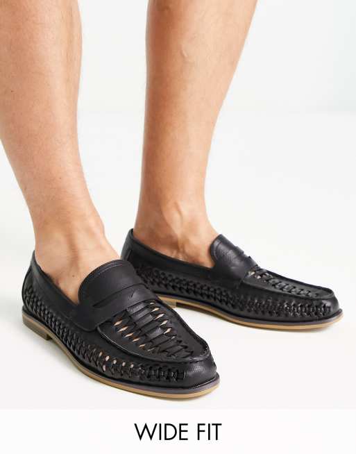 Truffle Collection - Wide Fit - Vævede sorte loafers i imiteret læder