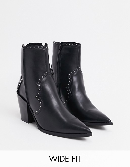 Truffle Collection wide fit western mid heel ankle boots in black