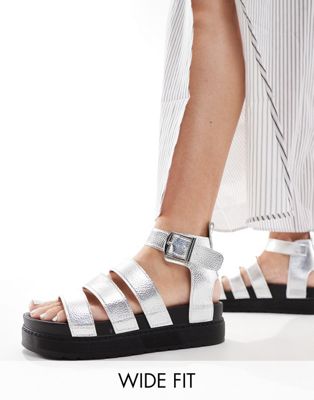 Truffle Collection Wide Fit Wide Strap Sandals In Silver