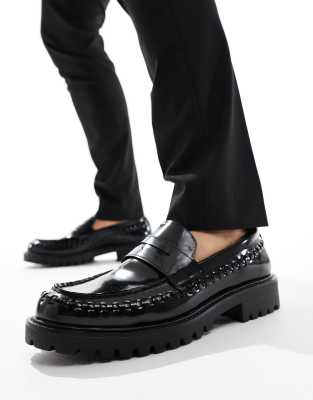 Truffle Collection Woven Chunky Penny Loafers In Black