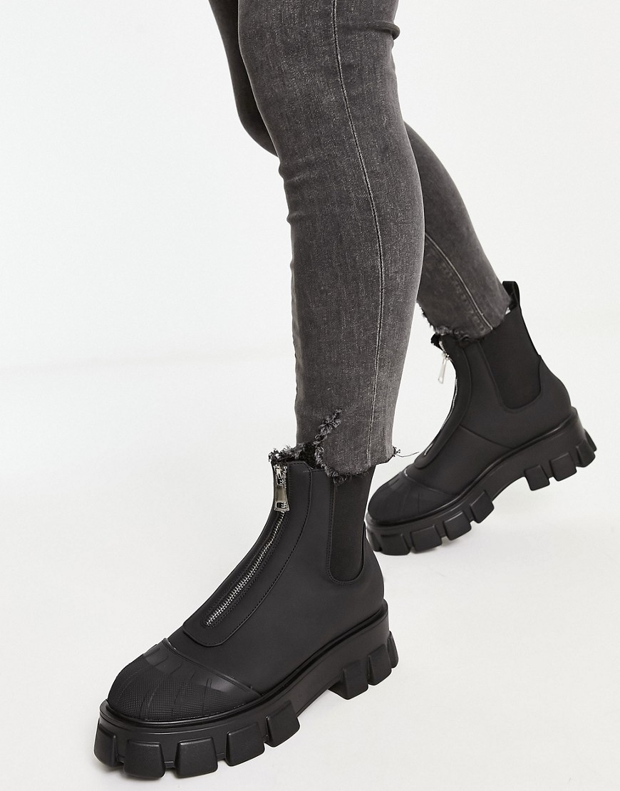 Truffle Collection Zip Front Chunky Calf Chelsea Boots In Black Faux Leather