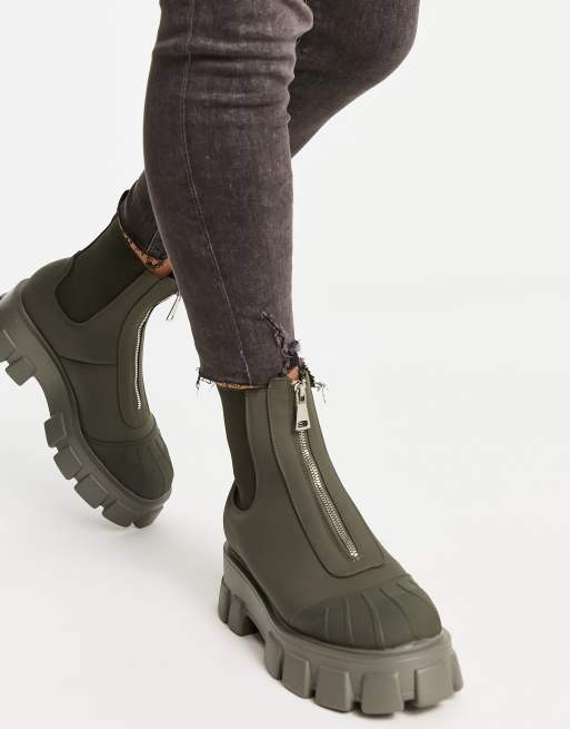 Truffle Collection zip front chunky chelsea boots in khaki faux leather ...