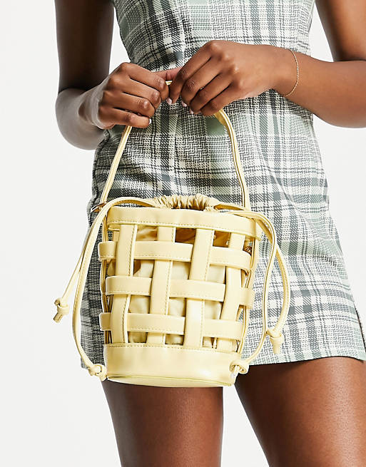 Truffle small woven detail bucket bag in yellow