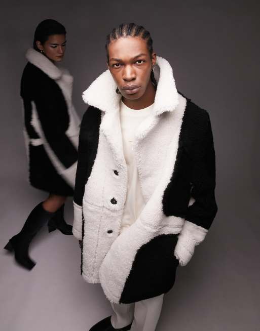 Colorblock faux shearling topcoat clearance