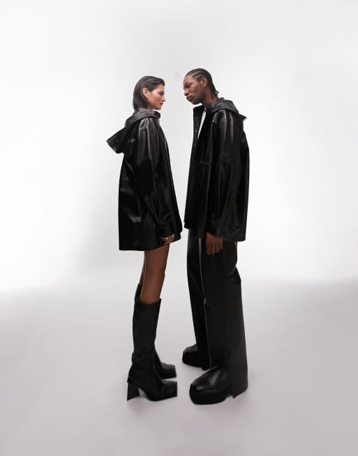 TSTM Unisex Premium Limited Edition pull over leather hooded shirt in black