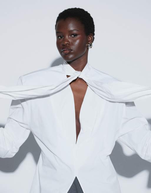 TTYA camicia in popeline con spalline imbottite e dettaglio da annodare bianca, 1 di 4